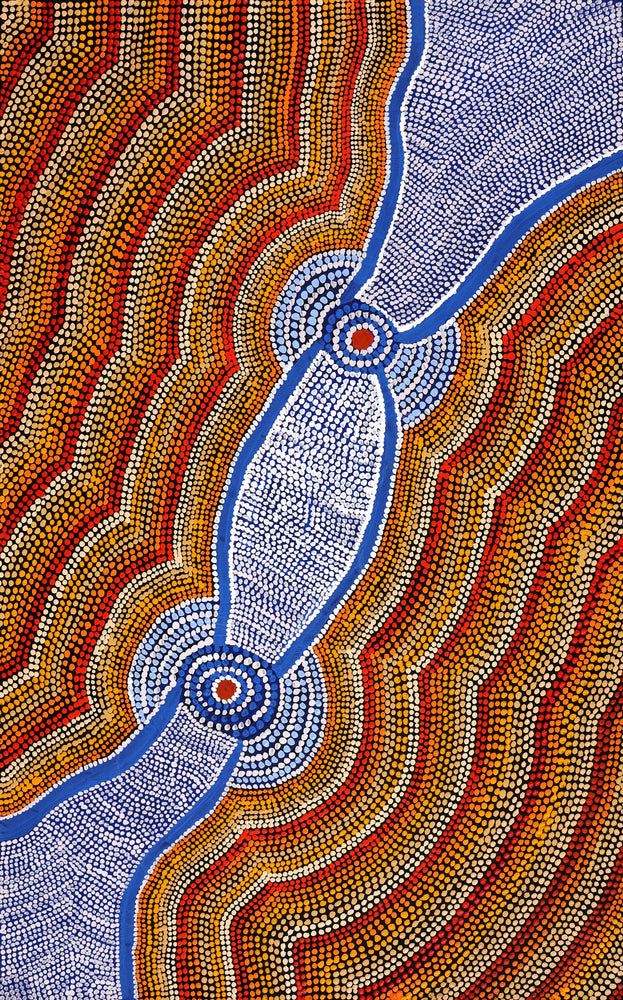 Aboriginal Artwork by William Jangala Mandijarra, Two water holes from Balgo, 122x76cm