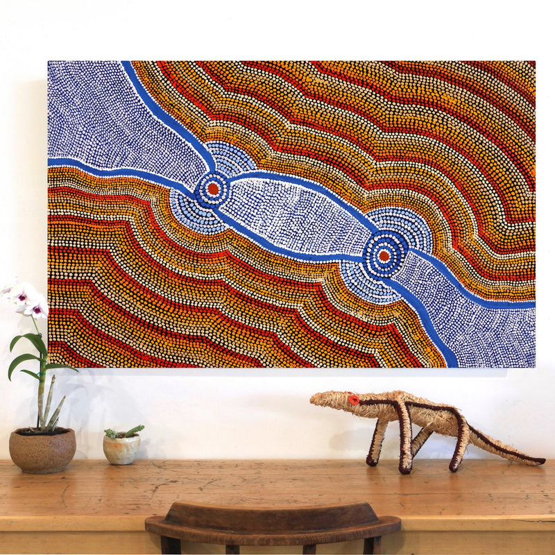 Aboriginal Artwork by William Jangala Mandijarra, Two water holes from Balgo, 122x76cm