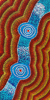 Aboriginal Artwork by William Jangala Mandijarra, Two water holes from Balgo, 91x46cm