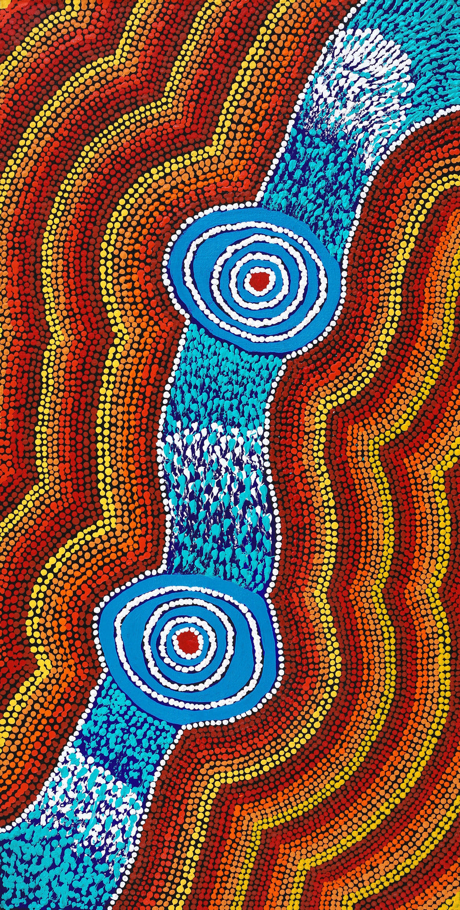 Aboriginal Artwork by William Jangala Mandijarra, Two water holes from Balgo, 91x46cm