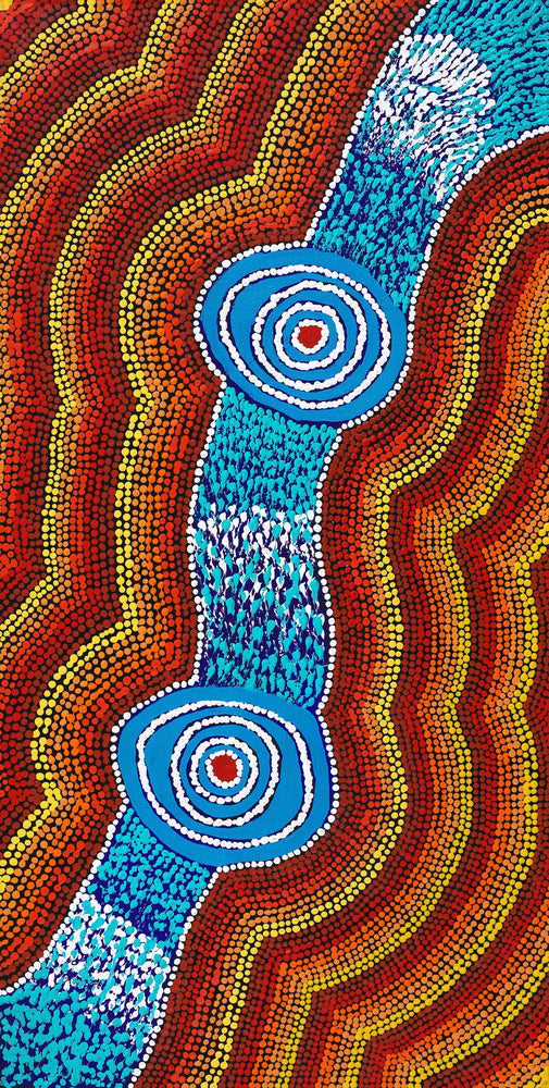 Aboriginal Artwork by William Jangala Mandijarra, Two water holes from Balgo, 91x46cm