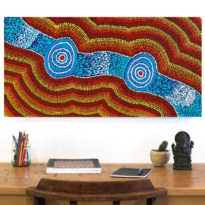 Aboriginal Artwork by William Jangala Mandijarra, Two water holes from Balgo, 91x46cm