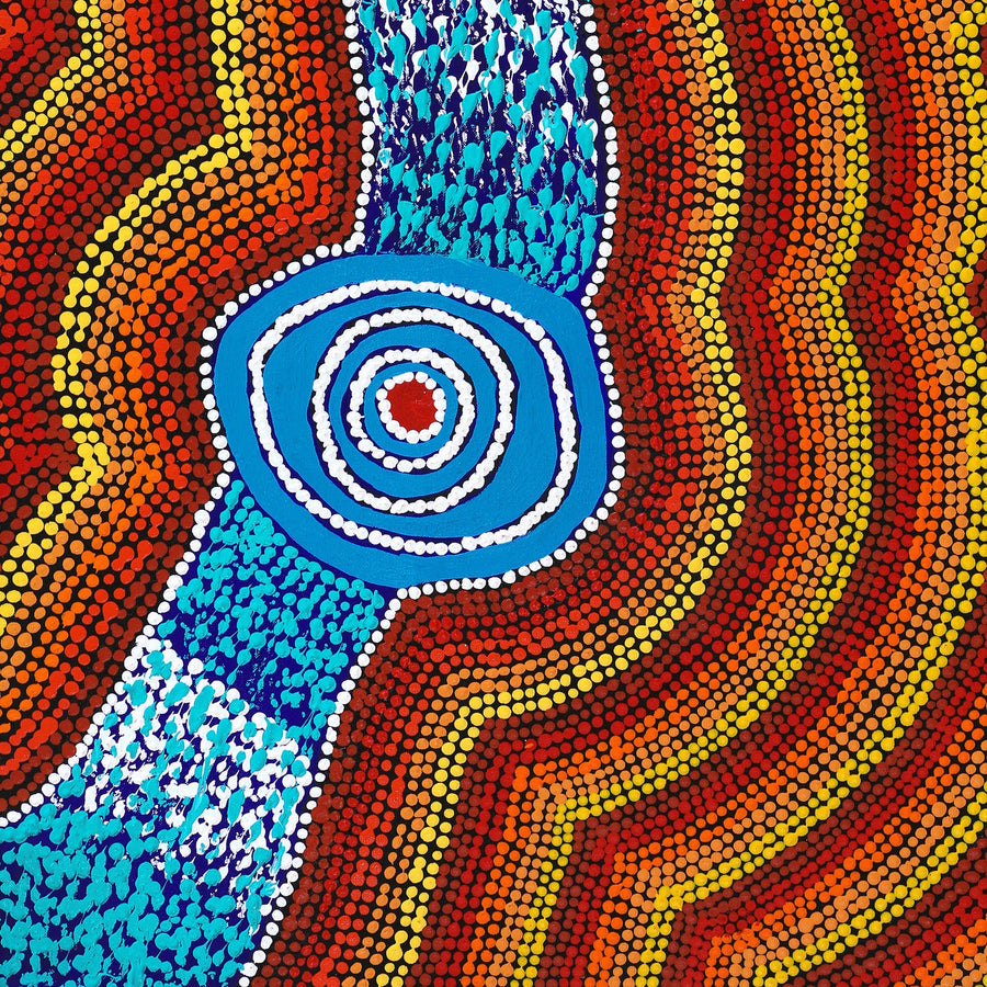 Aboriginal Artwork by William Jangala Mandijarra, Two water holes from Balgo, 91x46cm