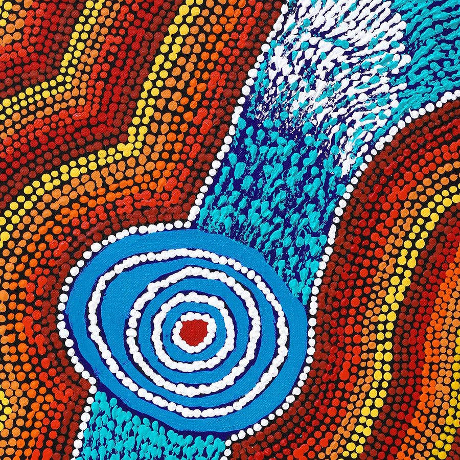 Aboriginal Artwork by William Jangala Mandijarra, Two water holes from Balgo, 91x46cm