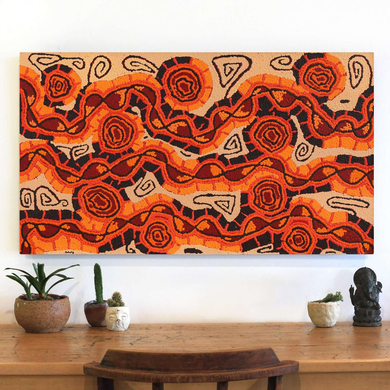 Aboriginal Artwork by Angelina Nampijinpa Tasman, Ngapa Jukurrpa (Water Dreaming) - Pirlinyarnu, 107x61cm