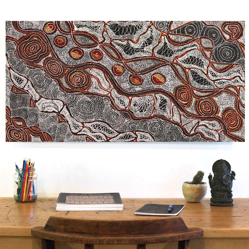 Aboriginal Artwork by Angelina Nampijinpa Tasman, Ngapa Jukurrpa (Water Dreaming) - Pirlinyarnu, 91x46cm