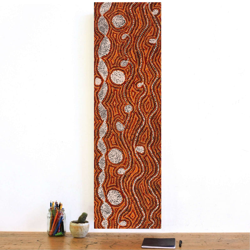 Aboriginal Artwork by Angeline Nampijinpa Tasman, Ngapa Jukurrpa (Water Dreaming) - Pirlinyarnu, 107x30cm