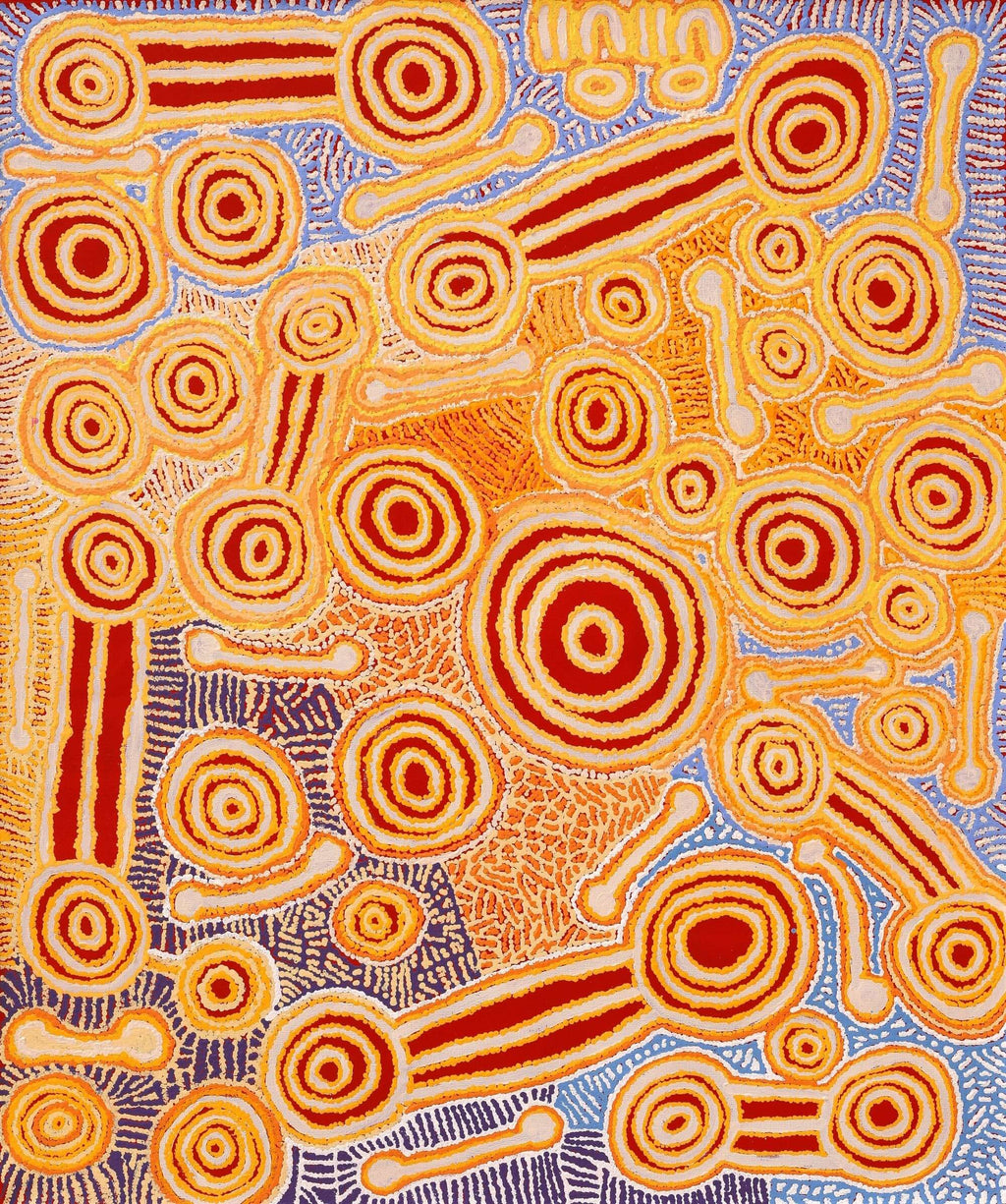Aboriginal Artwork by Anne Dixon, Rosemary Peters, Tinpulya Mervyn, and Noreen Dixon, Waru at Watarru, 122x102cm