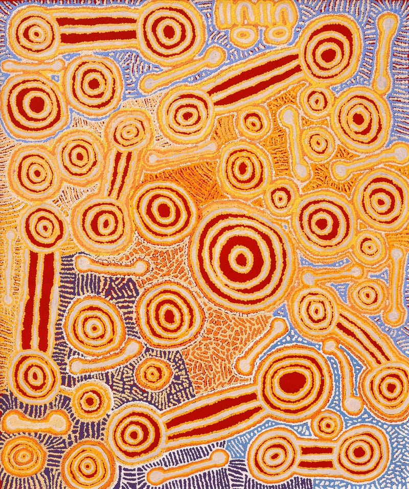 Aboriginal Artwork by Anne Dixon, Rosemary Peters, Tinpulya Mervyn, and Noreen Dixon, Waru at Watarru, 122x102cm