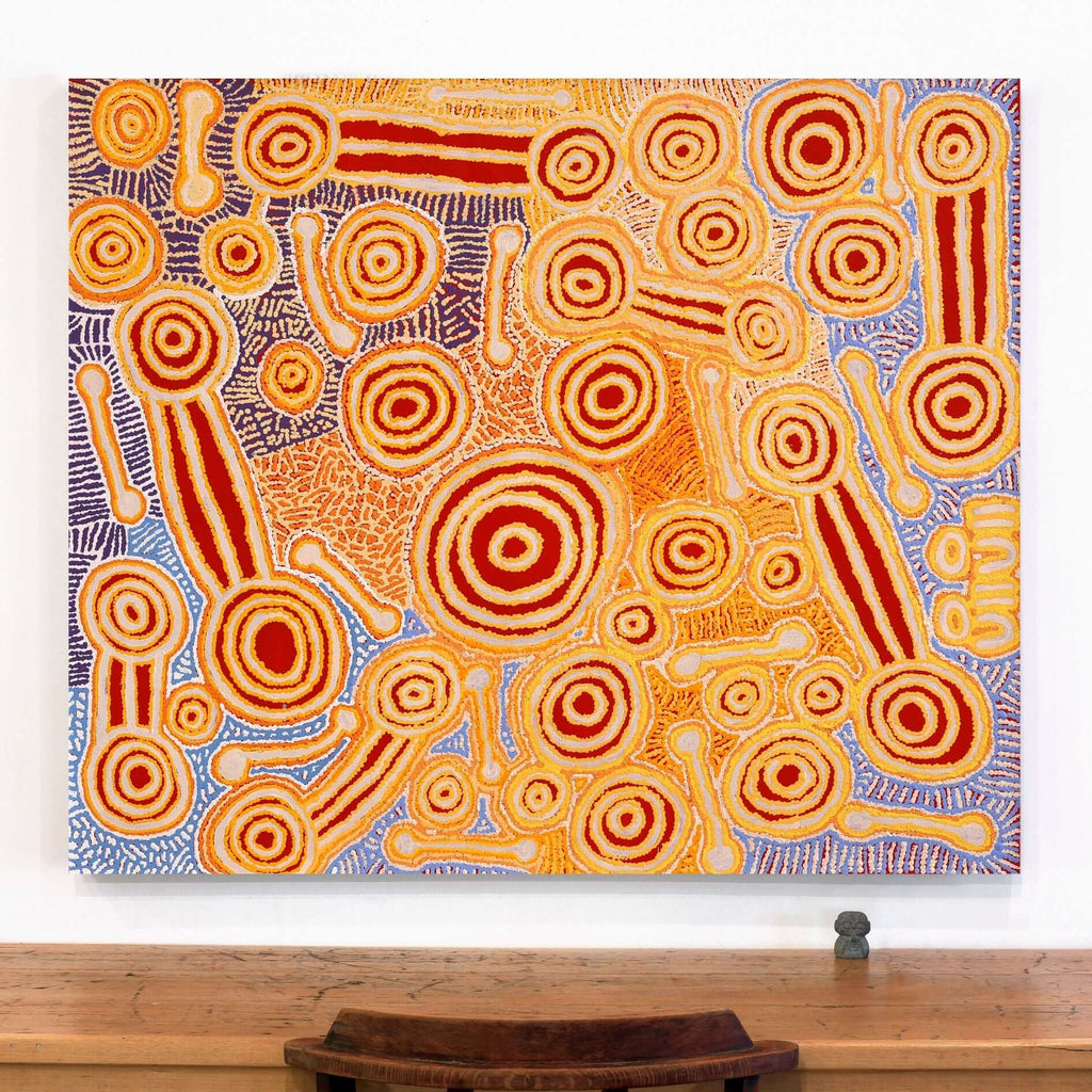 Aboriginal Artwork by Anne Dixon, Rosemary Peters, Tinpulya Mervyn, and Noreen Dixon, Waru at Watarru, 122x102cm