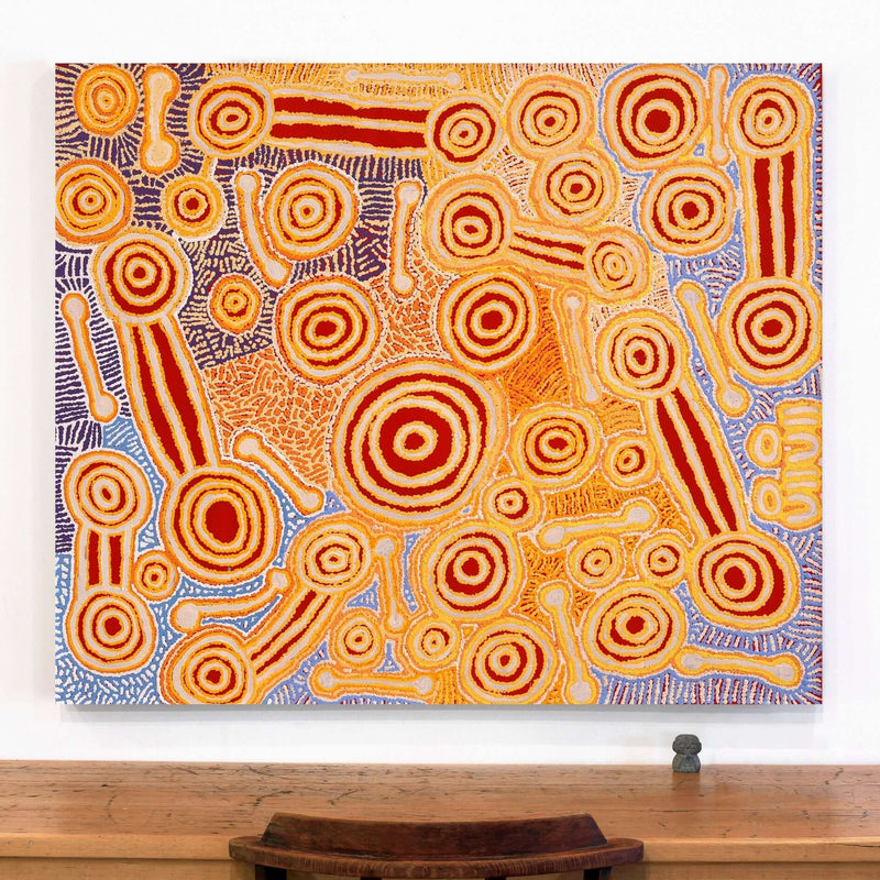 Aboriginal Artwork by Anne Dixon, Rosemary Peters, Tinpulya Mervyn, and Noreen Dixon, Waru at Watarru, 122x102cm