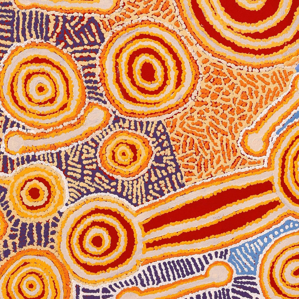 Aboriginal Artwork by Anne Dixon, Rosemary Peters, Tinpulya Mervyn, and Noreen Dixon, Waru at Watarru, 122x102cm