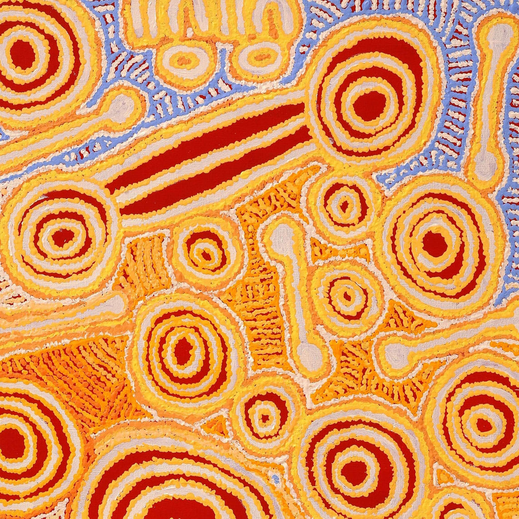 Aboriginal Artwork by Anne Dixon, Rosemary Peters, Tinpulya Mervyn, and Noreen Dixon, Waru at Watarru, 122x102cm - ART ARK®