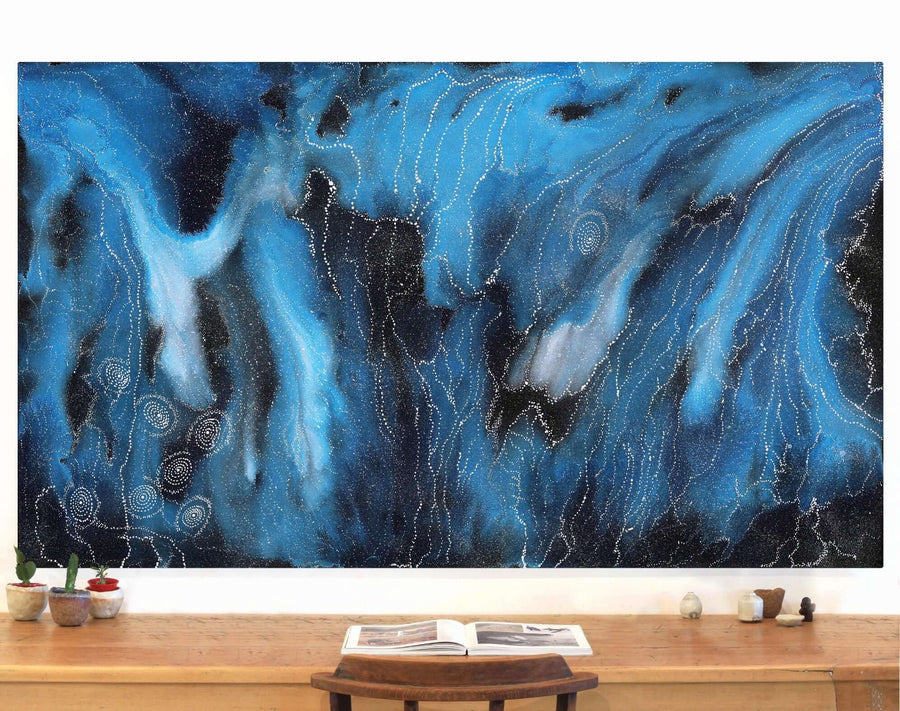 Aboriginal Artwork by Athena Nangala Granites, Napaljarri-warnu Jukurrpa (Seven Sisters Dreaming), 183x107cm