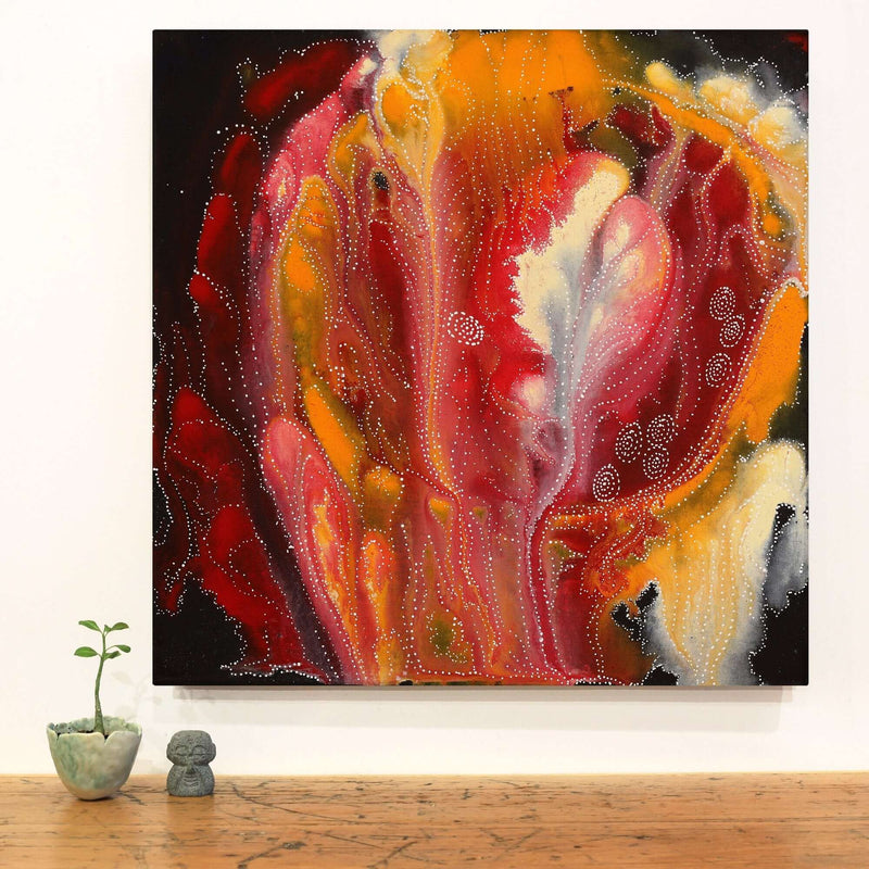 Aboriginal Artwork by Athena Nangala Granites, Napaljarri-warnu Jukurrpa (Seven Sisters Dreaming), 61x61cm