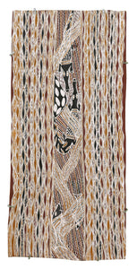 Aboriginal Artwork by Bambarrarr Marawili Mitchell, Bäru, 86x40cm Bark - ART ARK®