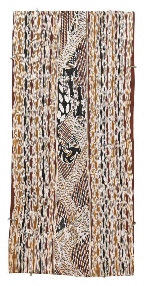Aboriginal Artwork by Bambarrarr Marawili Mitchell, Bäru, 86x40cm Bark