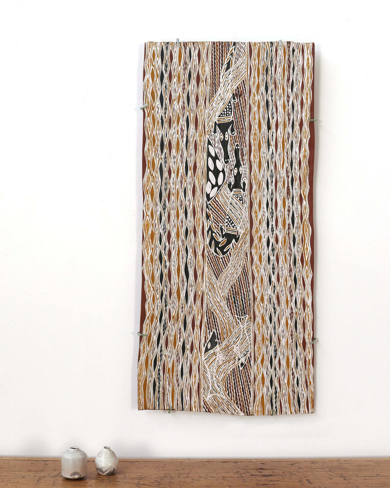 Aboriginal Artwork by Bambarrarr Marawili Mitchell, Bäru, 86x40cm Bark