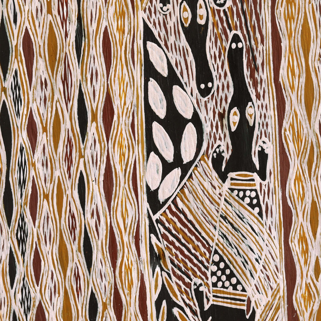 Aboriginal Artwork by Bambarrarr Marawili Mitchell, Bäru, 86x40cm Bark