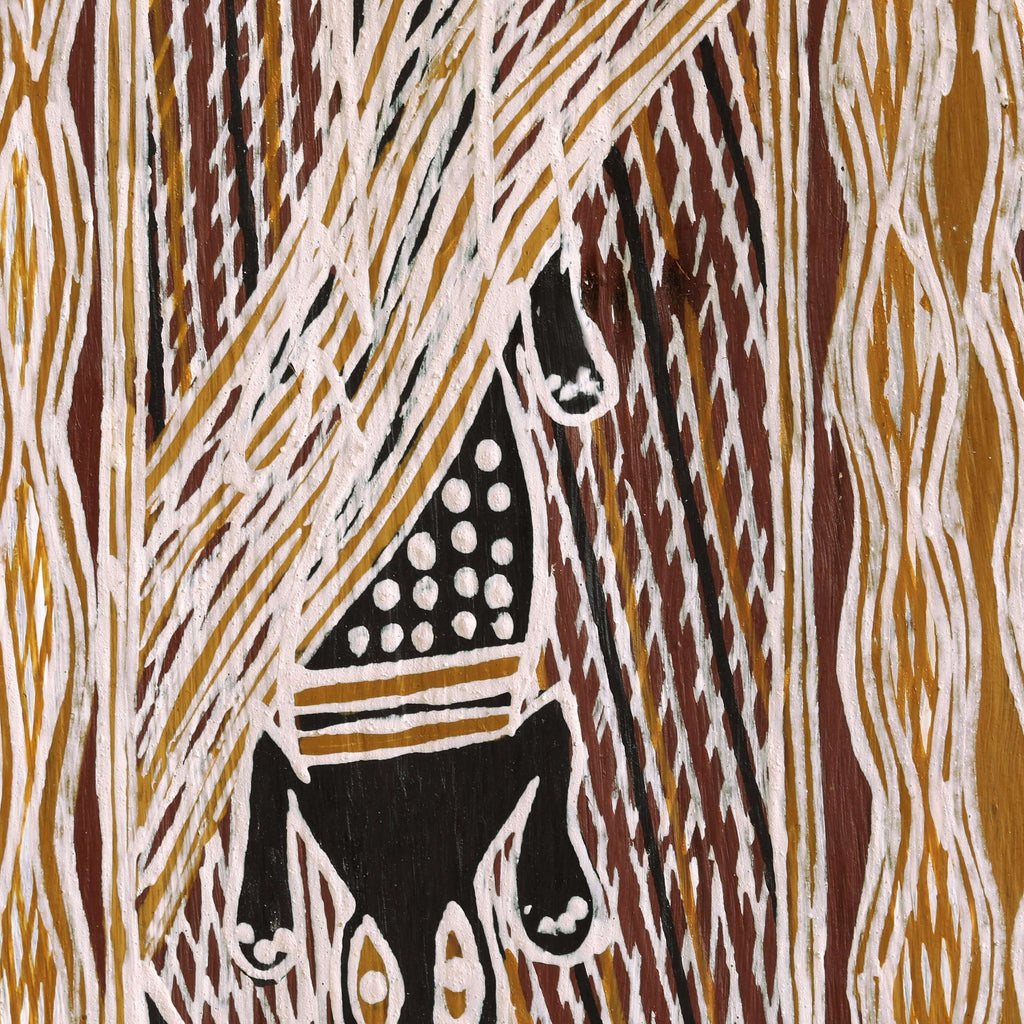 Aboriginal Artwork by Bambarrarr Marawili Mitchell, Bäru, 86x40cm Bark