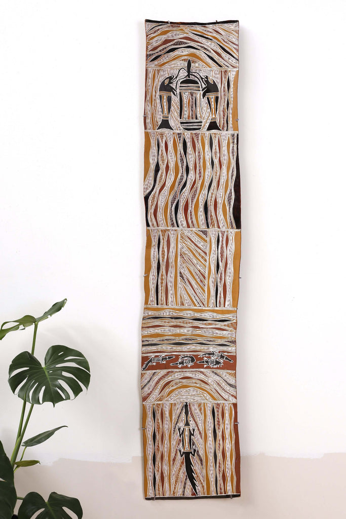 Aboriginal Artwork by Bambarrarr Marawili Mitchell, Yathikpa, 180x36cm Bark - ART ARK®