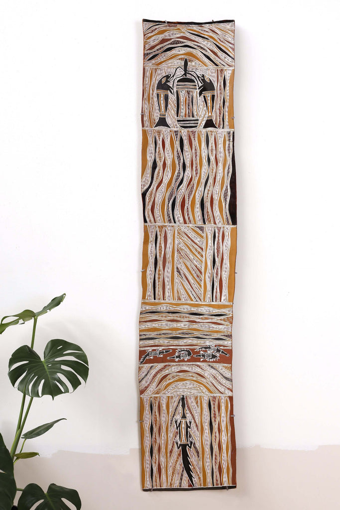 Aboriginal Artwork by Bambarrarr Marawili Mitchell, Yathikpa, 180x36cm Bark