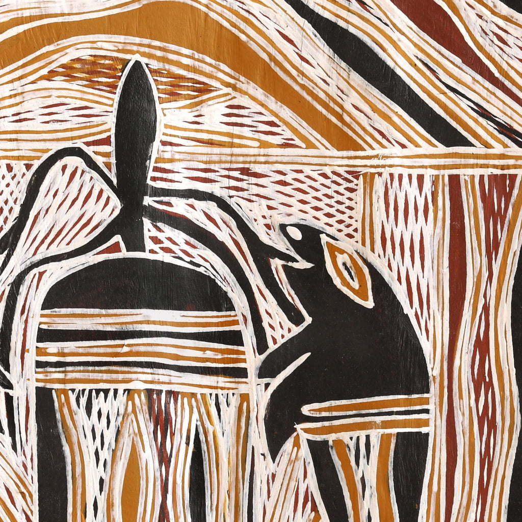 Aboriginal Artwork by Bambarrarr Marawili Mitchell, Yathikpa, 180x36cm Bark - ART ARK®