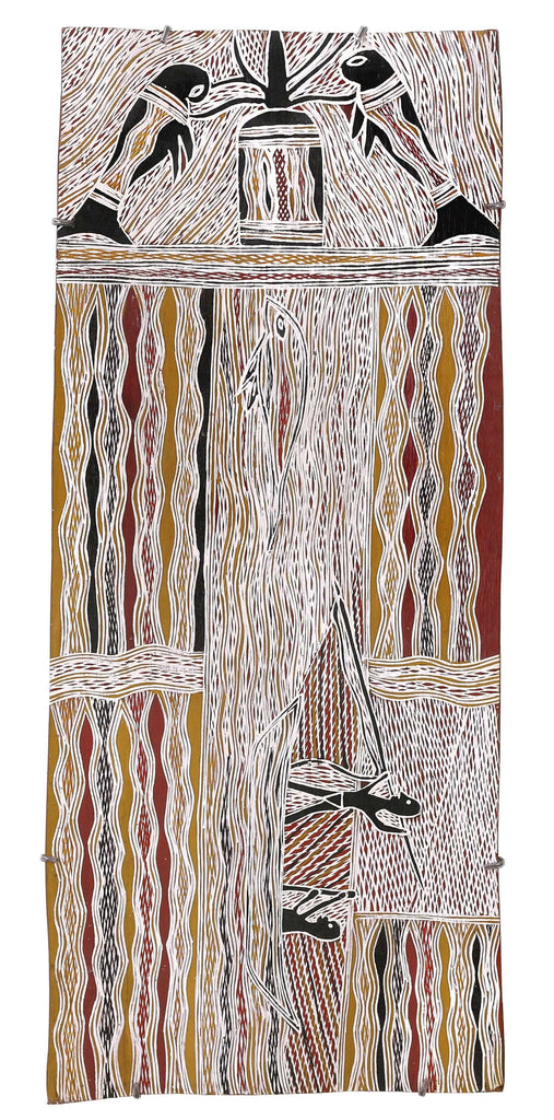 Aboriginal Artwork by Bambarrarr Marawili Mitchell, Yathikpa, 97x40cm Bark - ART ARK®