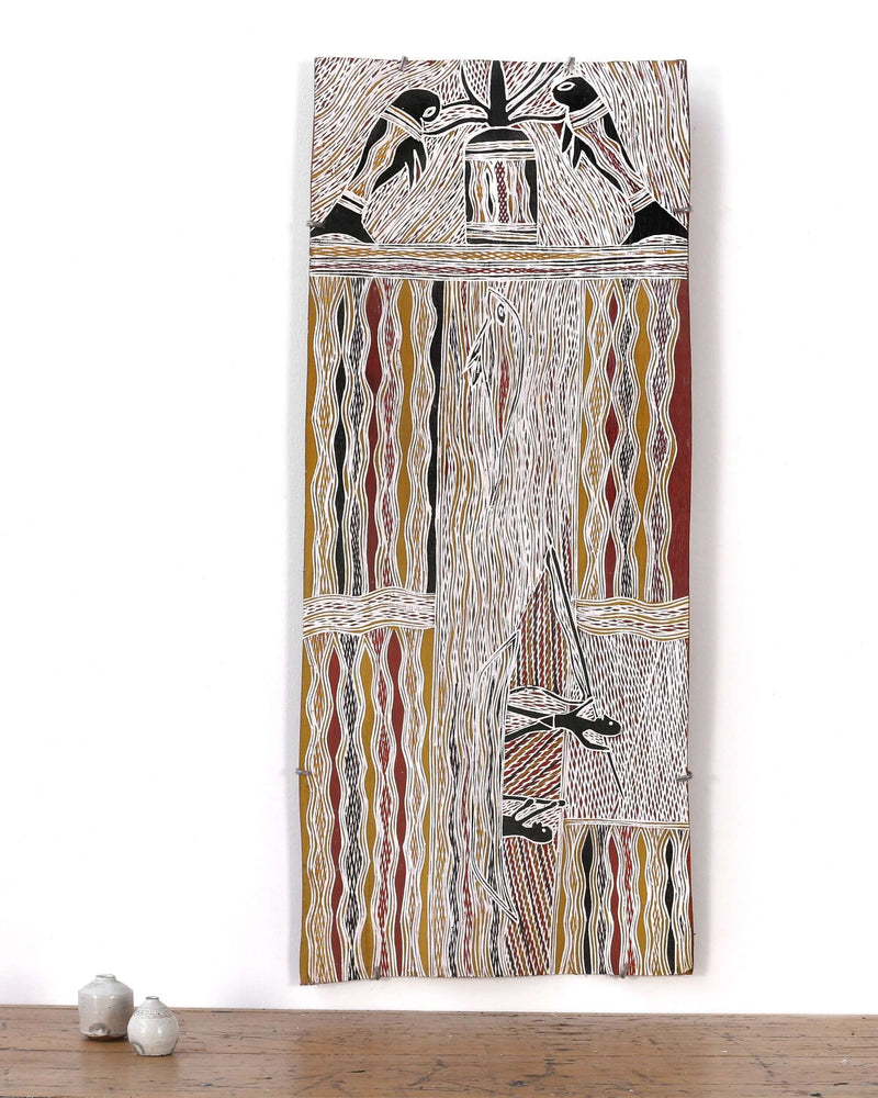 Aboriginal Artwork by Bambarrarr Marawili Mitchell, Yathikpa, 97x40cm Bark