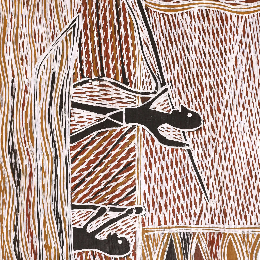 Aboriginal Artwork by Bambarrarr Marawili Mitchell, Yathikpa, 97x40cm Bark