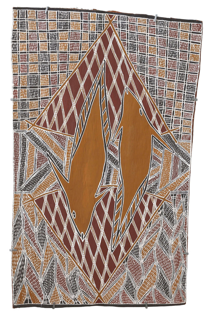 Aboriginal Artwork by Bandarr Wirrpanda, Ganybu, 84x51cm Bark