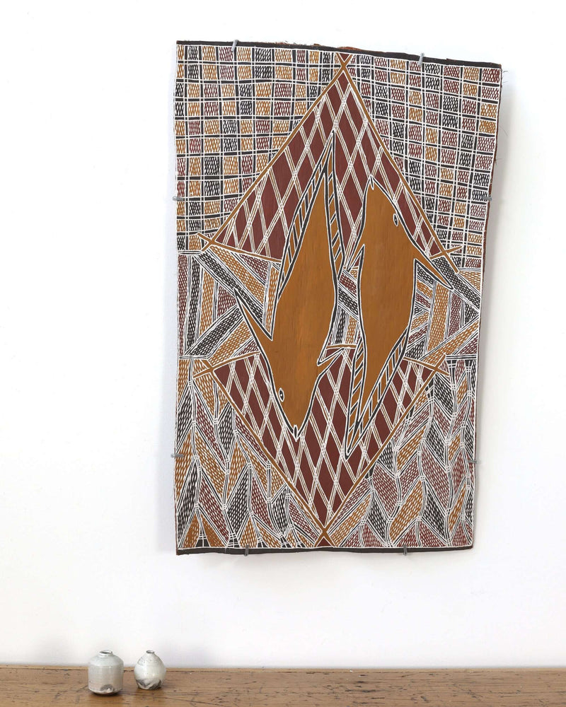 Aboriginal Artwork by Bandarr Wirrpanda, Ganybu, 84x51cm Bark