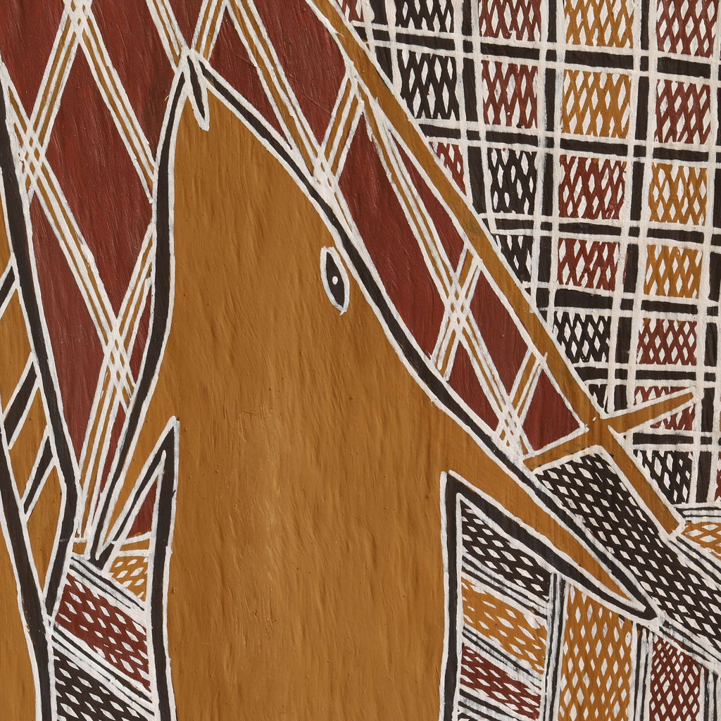 Aboriginal Artwork by Bandarr Wirrpanda, Ganybu, 84x51cm Bark