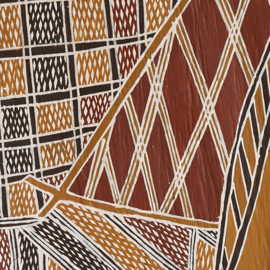 Aboriginal Artwork by Bandarr Wirrpanda, Ganybu, 84x51cm Bark