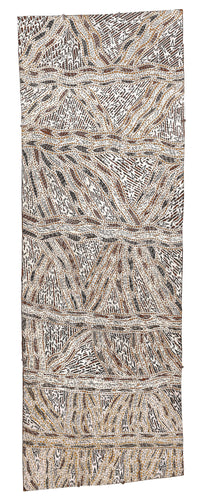 Aboriginal Artwork by Baŋgawuy Wanambi Natjalpi, Trial Bay, 144x50cm Bark