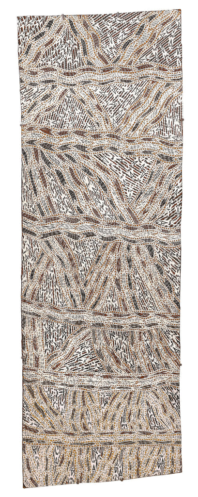 Aboriginal Artwork by Baŋgawuy Wanambi Natjalpi, Trial Bay, 144x50cm Bark