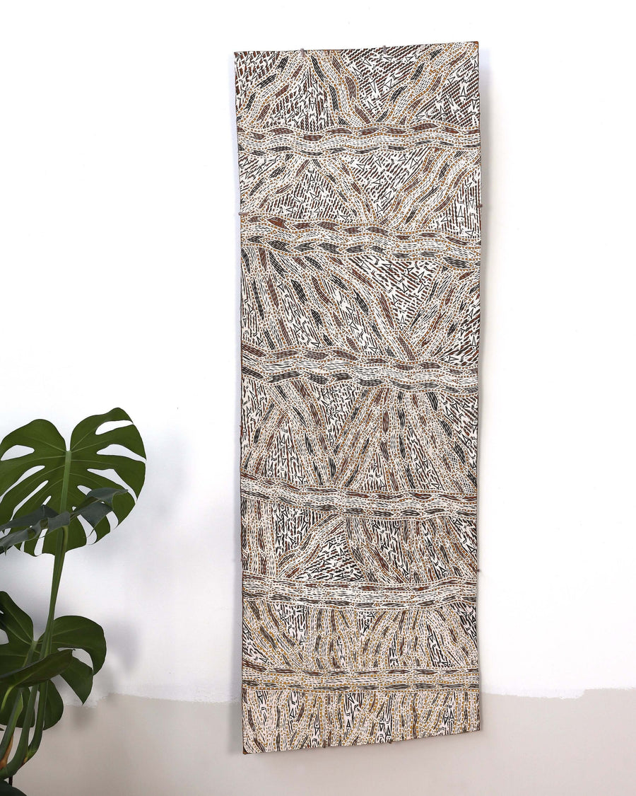 Aboriginal Artwork by Baŋgawuy Wanambi Natjalpi, Trial Bay, 144x50cm Bark