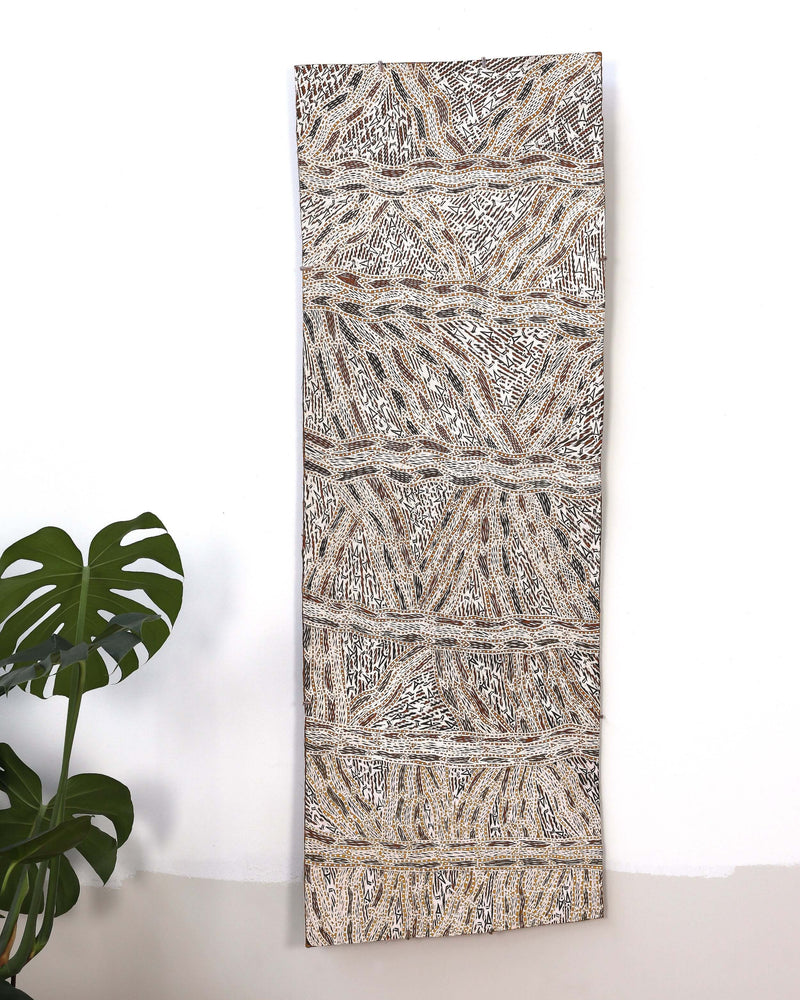 Aboriginal Artwork by Baŋgawuy Wanambi Natjalpi, Trial Bay, 144x50cm Bark