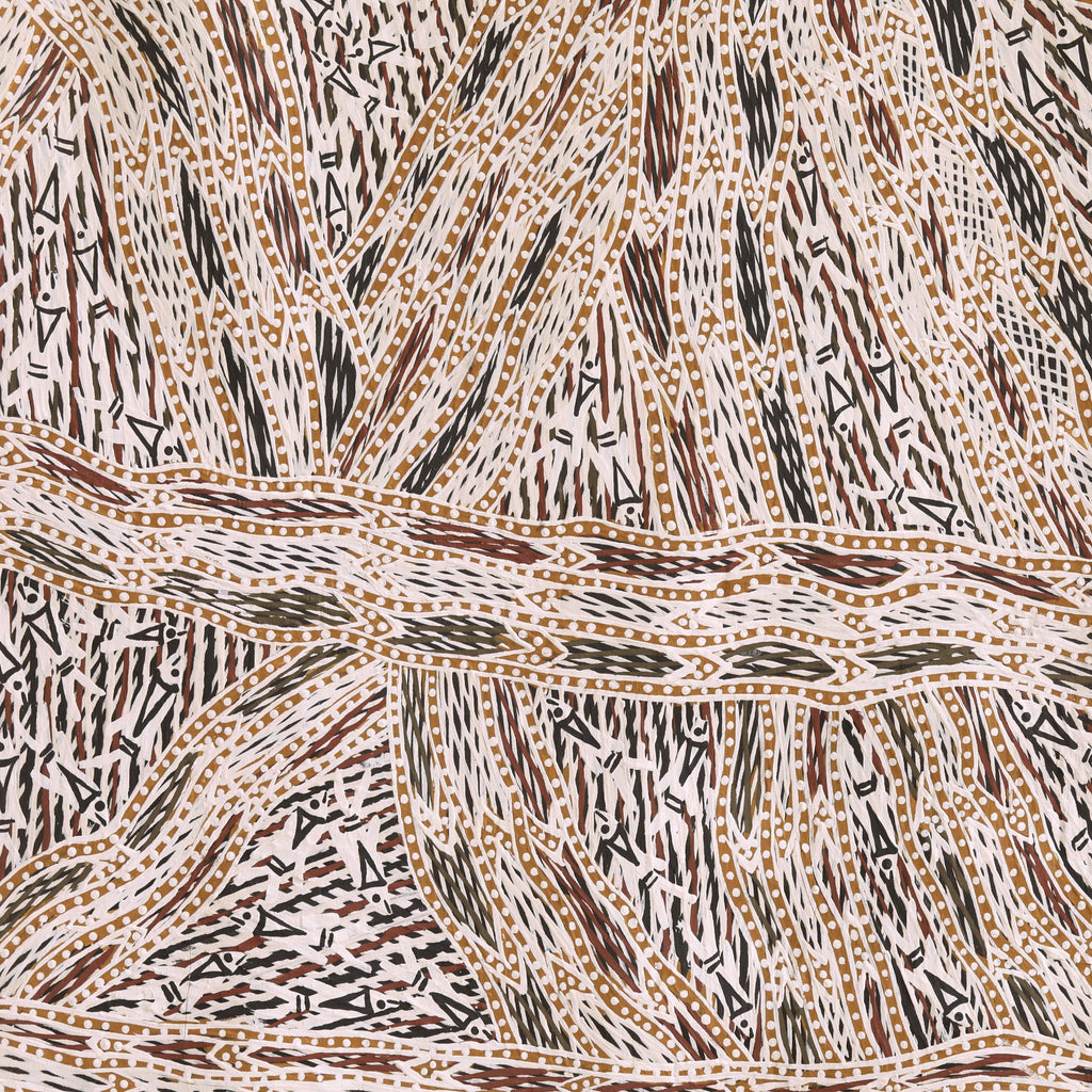 Aboriginal Artwork by Baŋgawuy Wanambi Natjalpi, Trial Bay, 144x50cm Bark