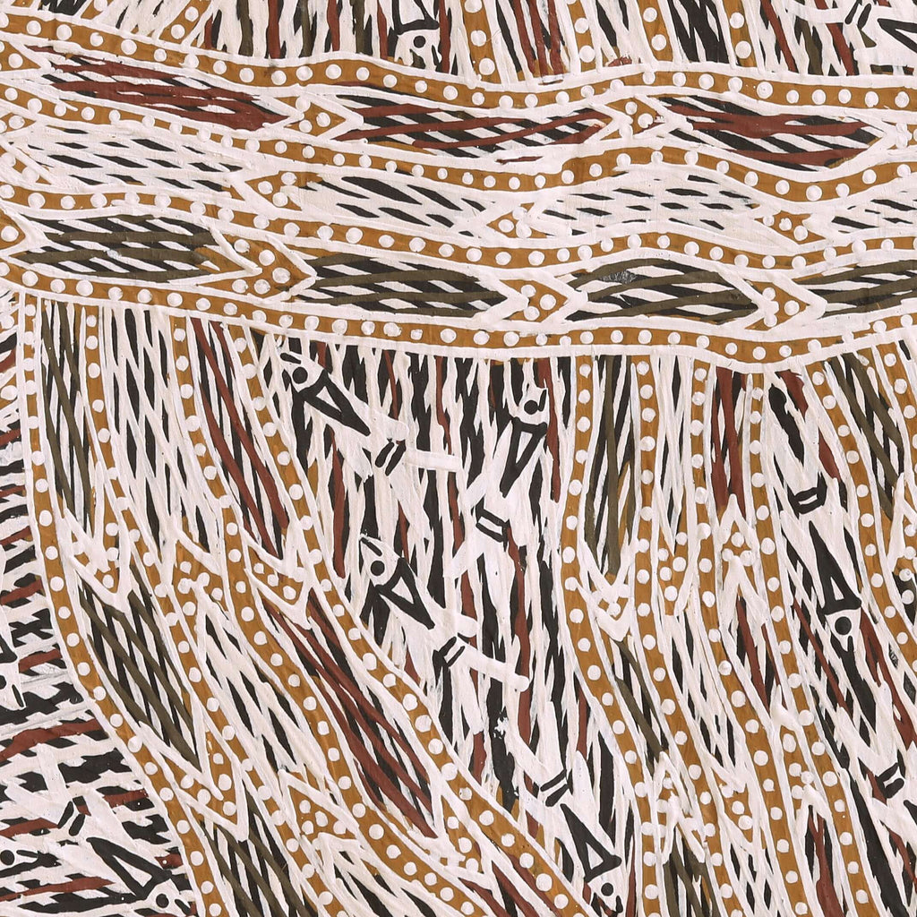 Aboriginal Artwork by Baŋgawuy Wanambi Natjalpi, Trial Bay, 144x50cm Bark