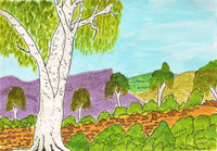 Aboriginal Artwork by Benita Clements, Ghost Gums near Mt Gillen, Alice Springs, 39.5x27.5cm