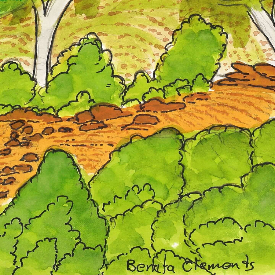 Aboriginal Artwork by Benita Clements, Ghost Gums near Mt Gillen, Alice Springs, 39.5x27.5cm