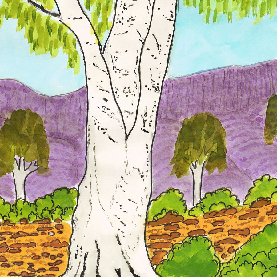 Aboriginal Artwork by Benita Clements, Ghost Gums near Mt Gillen, Alice Springs, 39.5x27.5cm