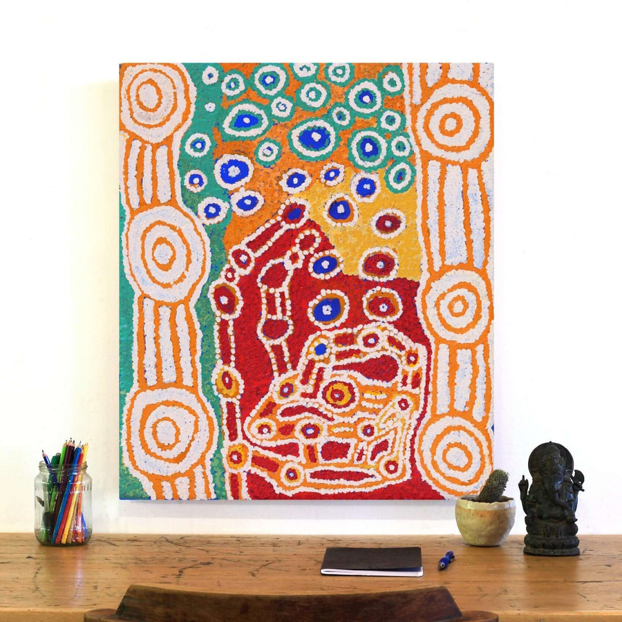 Aboriginal Artwork by Beryl Jimmy and Tinpulya Mervyn, Waru at Watarru, 70x60cm