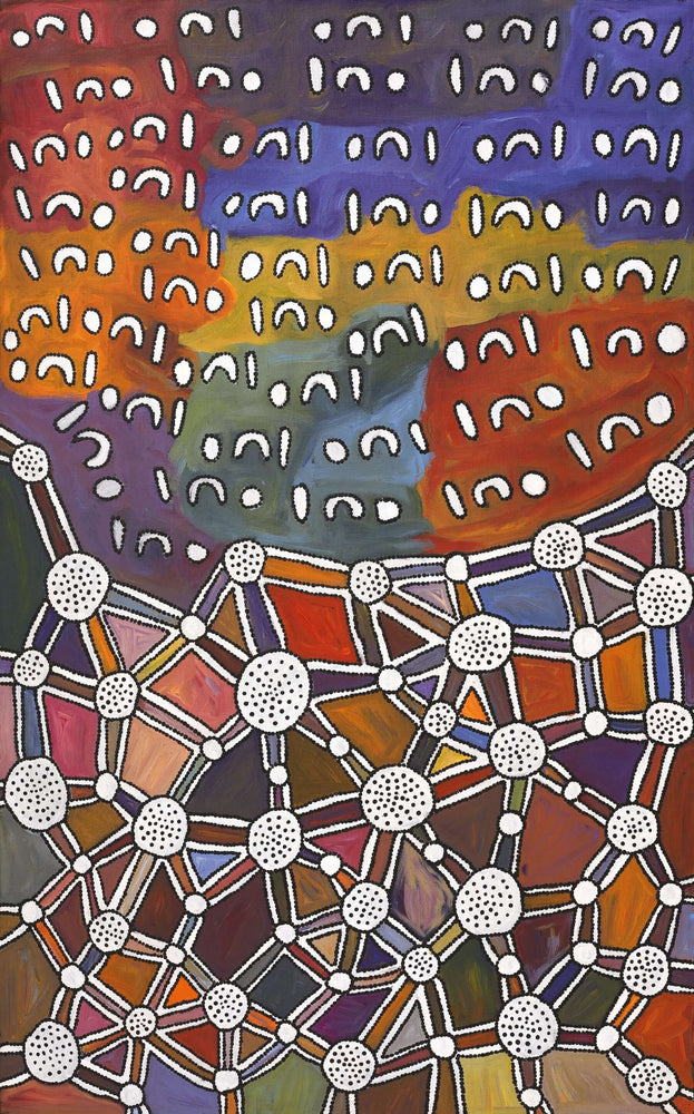 Aboriginal Artwork by Bess Napanangka Poulson, Ngapa Jukurrpa (Water Dreaming) - Puyurru, 122x76cm