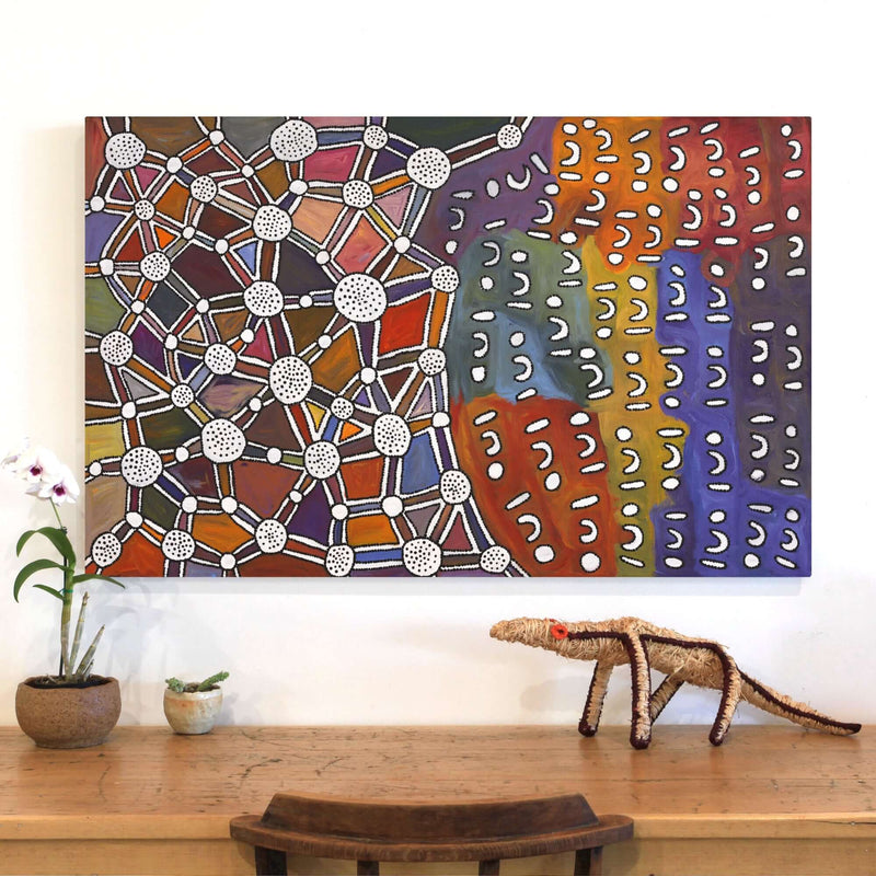 Aboriginal Artwork by Bess Napanangka Poulson, Ngapa Jukurrpa (Water Dreaming) - Puyurru, 122x76cm