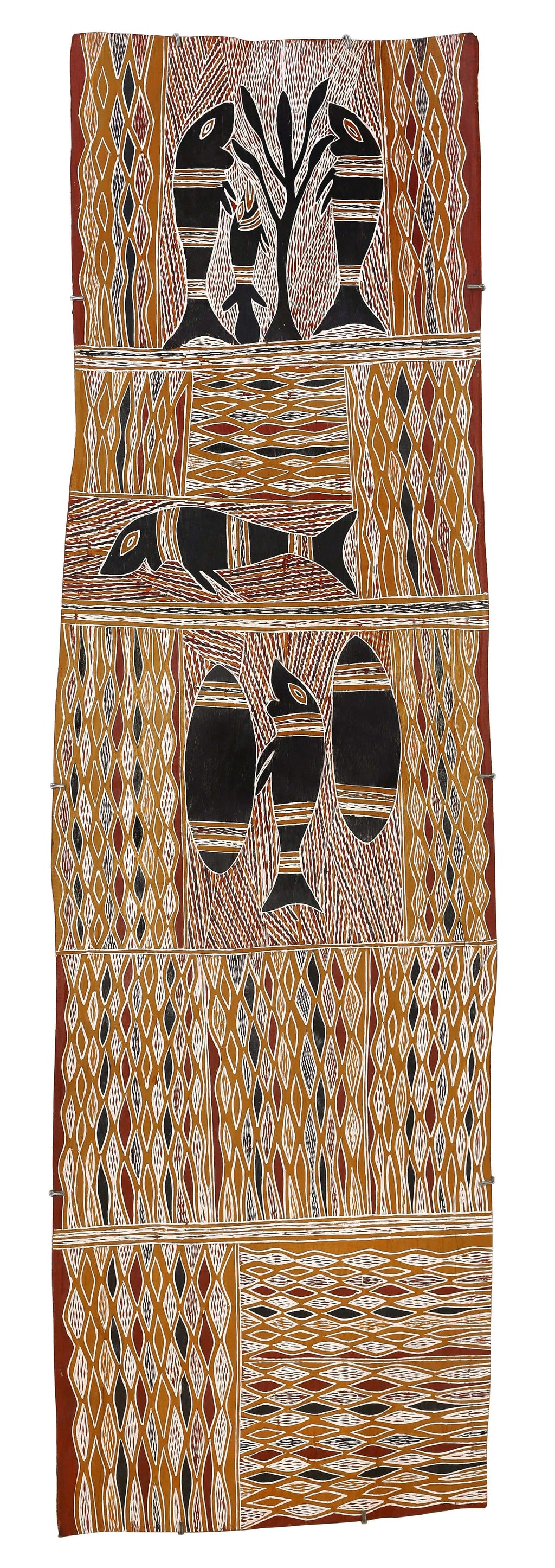 Aboriginal Artwork by Binamburrŋu Wirrpanda, Djunuŋgayaŋu, 175x51cm Bark