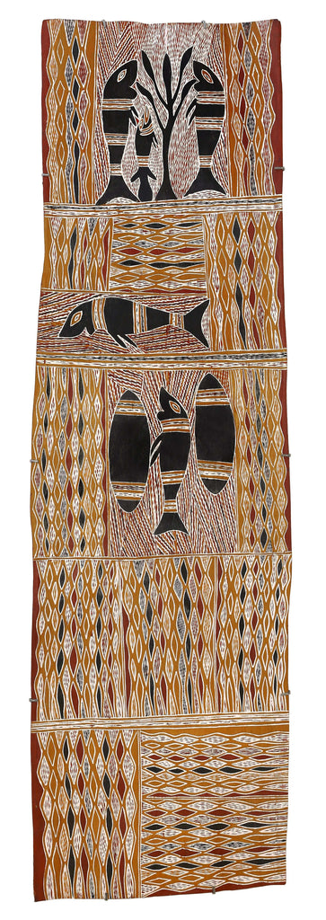 Aboriginal Artwork by Binamburrŋu Wirrpanda, Djunuŋgayaŋu, 175x51cm Bark