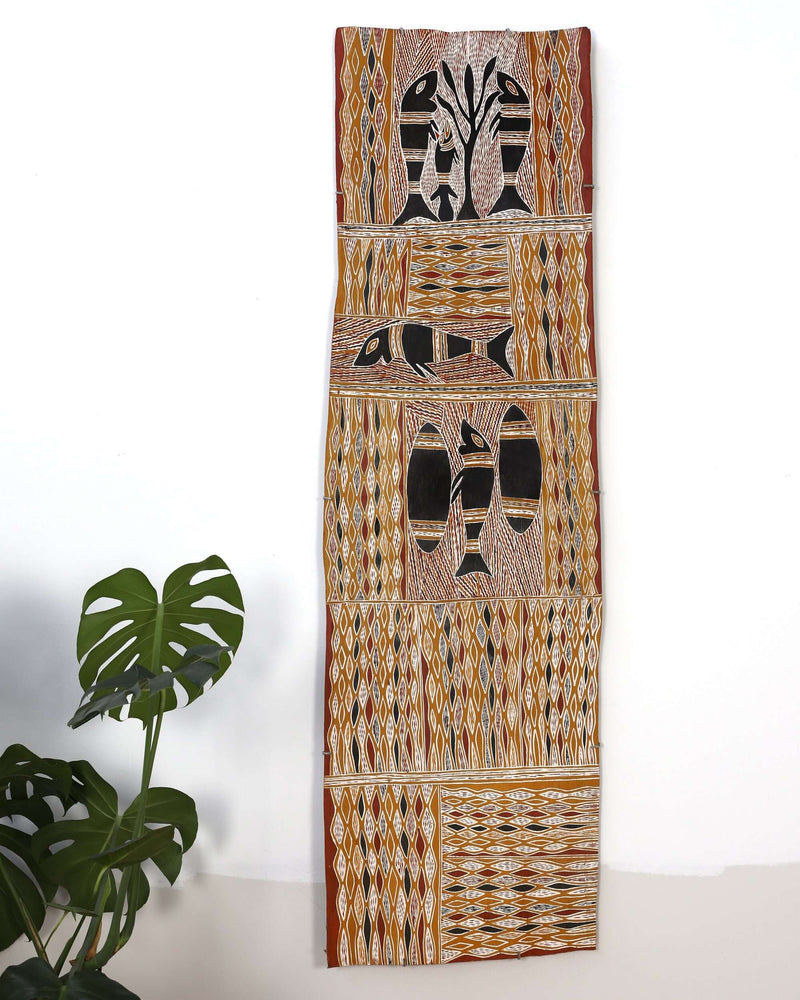Aboriginal Artwork by Binamburrŋu Wirrpanda, Djunuŋgayaŋu, 175x51cm Bark
