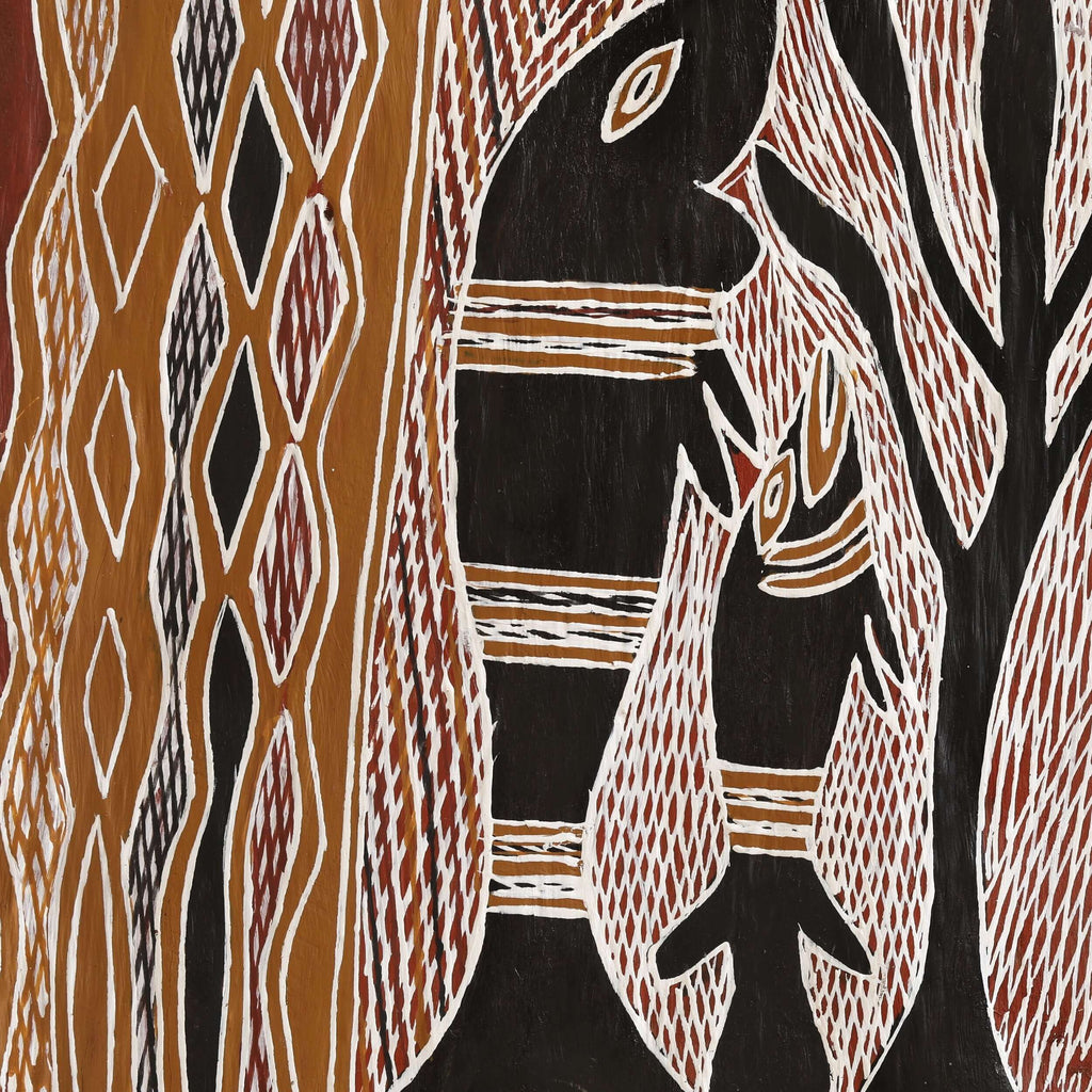Aboriginal Artwork by Binamburrŋu Wirrpanda, Djunuŋgayaŋu, 175x51cm Bark
